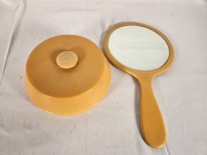 Vintage 1950s Celluloid Beveled Dresser Hand Mirror and Powder Box