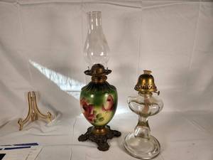 One Antique Hand Painted Floral Base Oil Lamp and One Vintage Clear Glass Oil Lamp