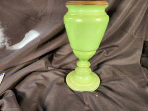 Green Glass Vase with Gold Painted Rim - 12 Tall