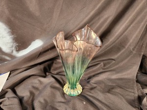 Vintage Thrown Glass Vase with Green and Pink Glass