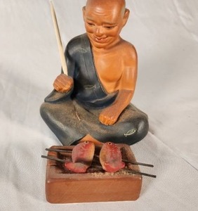 Vintage Japanese Clay DollFigurine with Fish on Grill