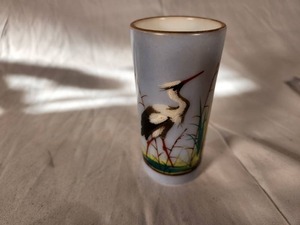 Antique Painted Milk Glass by Vase with Heron -6.5 Tall