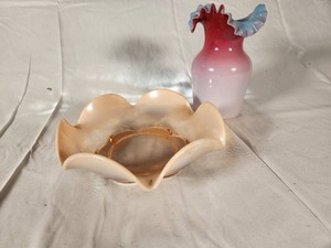 Vintage Fenton Glass Blue and Pink Vase with Ruffled Edge and Bowl