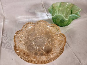 Vintage Golden Depression Glass Candy Dish and Antique Green Opalescent Dish