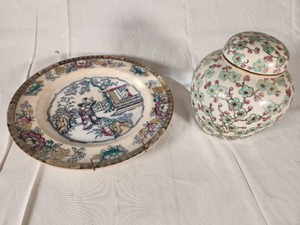 Early Staffordshire Polychrome Plate and Hand Painted Ginger Jar
