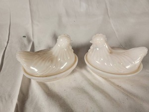 Two Vintage Opalescent Milk Glass Hen on Nest Dish with Lid