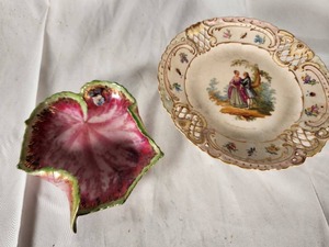 Antique Hand Painted Pierced Plate and Lefton 3D Leaf Shaped Trinket Dish