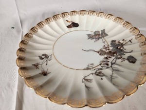 Antique Porcelain Haviland and Co Gilt Rimmed and Hand Painted Butterfly Pedastal Plate