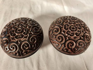 Two Chinese Tixi Carved Layered Black and Red Laquer 3 Pomade Boxes, 19th Century - Featuring Arabesque Patterns Carved Through 8 Layers of Black and Red Laquer, Slightly Domed Top Showing Wear