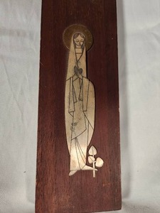 Vintage Mary Wooden and Mixed Metal Metales Casados Plaque by Talleres Monastico, Benedictine Monks of Cuernavaca, 1960s Mid Century Modern