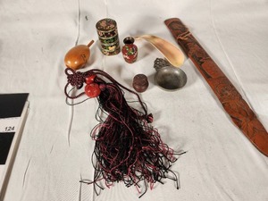 Variety of Chinese Items - Cloisonne and Enamaled 4 Stack Lidded Round Box, Small Vase, Pewter Dish, Hand Carved Wood Dagger, Shoe Horn