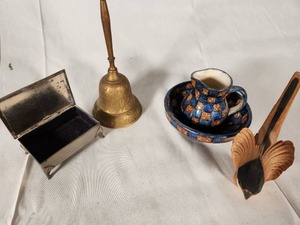 Vintage Trinket Box, Brass Bell, Small Pitcher and Bowl Stoneware and Hand Carved Wood Bird
