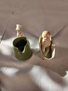 Miniature Antique China Tub with Bisque Baby and Green Creamer with Boy in Top Hat
