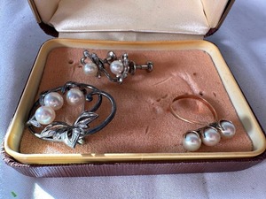 Vintage Mikimoto Estate Akoya Pearl Brooch Pin Sterline Silver, Earlings and Ring