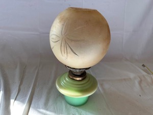 Antique Green Glass Base and Etched Globe Oil Lamp