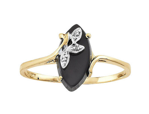 NEW 10K Yellow Gold Marquise Black Onyx Diamond-Accent Vine Ring - Size 10