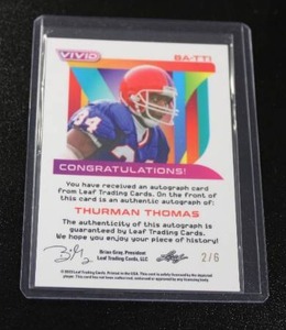 lot 111 image: 2023 Leaf Vivid Thurman Thomas Autograph 26  Only 6 Exist
