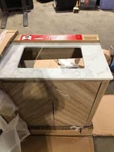 Glacier Bay Huckleberry 36 in. W x 19 in. D x 34.5 in. H Single Sink Bath Vanity in Weathered Tan with White Engineered Marble Top  Customer Returns See Pictures