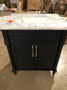 Home Decorators Collection Aberdeen 30 in. W x 22 in. D x 34.5 in. H Single Sink Bath Vanity in Black with Carrara Marble Top   Customer Returns See Pictures