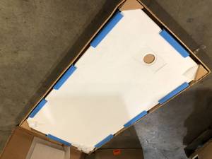 CASTICO 60 in. L x 32 in. W x 1.125 in. H Solid Composite Stone Shower Pan Base with LR Drain in White Slate   Customer Returns See Pictures