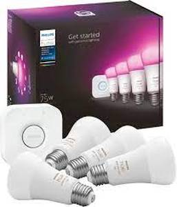lot 50 image: Philips Hue White and Color Ambiance A19 LED 60W Equivalent Dimmable Smart Wireless Lighting Starter Kit (4 Bulbs and Bridge)