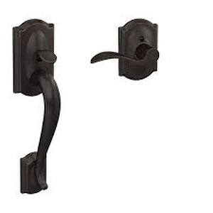 lot 91 image: Schlage Camelot Aged Bronze Door Handleset Grip with Accent Door Handle and Camelot Trim