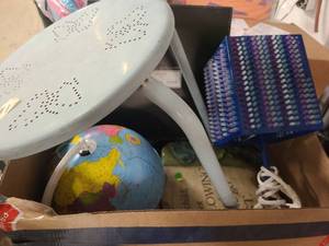 lot 47 image: Box of household goods including a globe and led lamp
