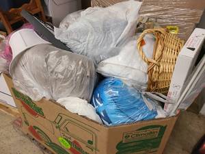 lot 73 image: Large bin of decor, clothing, a gamer chair and more