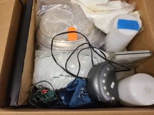lot 154 image: Box of household goods, alarm clocks, linens and ceiling light fixtures