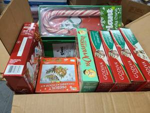 lot 186 image: Misc Box of Holiday candies, gingerbread houses and such