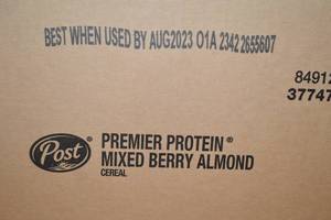 lot 228 image: Case of Post Premier Protein Cereal Mixed Berry Almond Flavor 8 Boxes Best By 082023