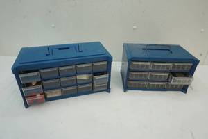 lot 48 image: 2 Tinplastic Storage bins with sewing material