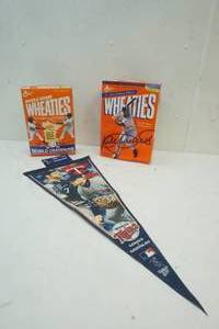 lot 51 image: 2 Twins General Mill Whole Grain Wheaties box with Cereal in them , twin flag