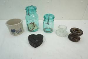 lot 64 image: Vintage Blue Canning jars, two candle holders, ruby avon dish