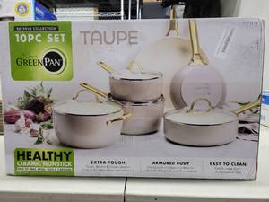 GreenPan Reserve Hard Anodized Healthy Ceramic Nonstick 10 Piece Cookware Pots and Pans Set, Gold Handle, PFAS-Free, Dishwasher Safe, Oven Safe, Taupe Brown, NEW