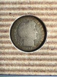 1907 US BARBER DIME IN INFO PAGE