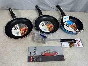 3 New Frying Pans, Cork Screw, Spatula