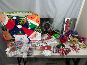 Large Lot of Christmas and Holiday Gift Bows, Supplies, Window Clings, Etc