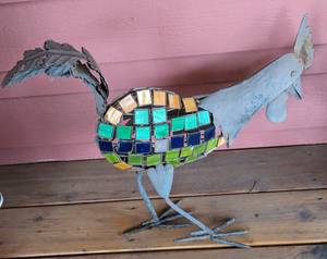 Pair of Metal Rabbit and Rooster Garden Sculptures