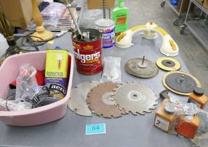 lot 64 image: Garage stuff - saw blades, Stihl oil, lighter fuel, aero bed pump, lifter
