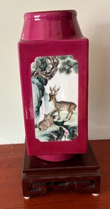 Vibrant Square Asian Style Vase with Wooden Base