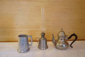 pewter candleholder, tea pot