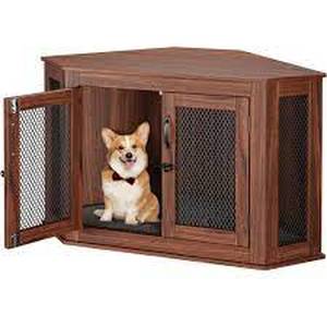 Walnut Wood & Metal 44.5 in. W Storage Cabinet Corner Table With Dog Crate Cage Latch  Customer Returns See Pictures
