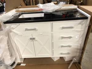 Home Decorators Collection Ainsley 48 in. W x 22 in. D x 34.5 in. H Single Sink Bath Vanity in White with Black Granite Top    Customer Returns See Pictures