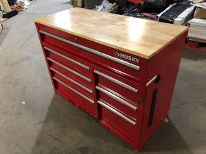 Husky 42 in. W x 18.1 in. D 8-Drawer Red Mobile Workbench Cabinet with Solid Wood Top Slightly Damaged Rusted Customer Returns See Pictures