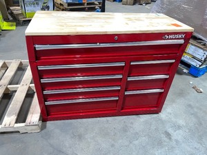 Husky 42 in. W x 18.1 in. D 8-Drawer Red Mobile Workbench Cabinet with Solid Wood Top