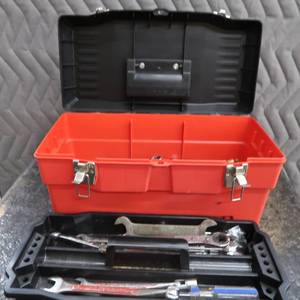 lot 48 image: HEAVY DUTY RED PLASTIC TOOL BOX FILLED FULL