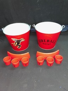 lot 176 image: Lot of Fireball Cinnamon Whisky Bar Necessities 2 Ice Buckets, 2 Shot glass holsters
