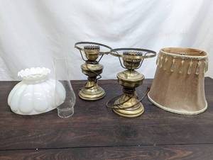 Pair Of Brass Table Lamps And Three Lampshades