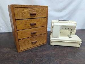 Singer Sewing Machine And Small Cabinet With Sewing Supplies